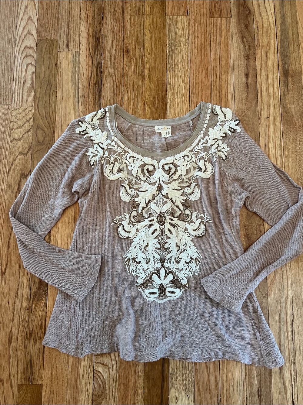 Meadow Rue Taupe Long Sleeve Top with Ivory Embroidery